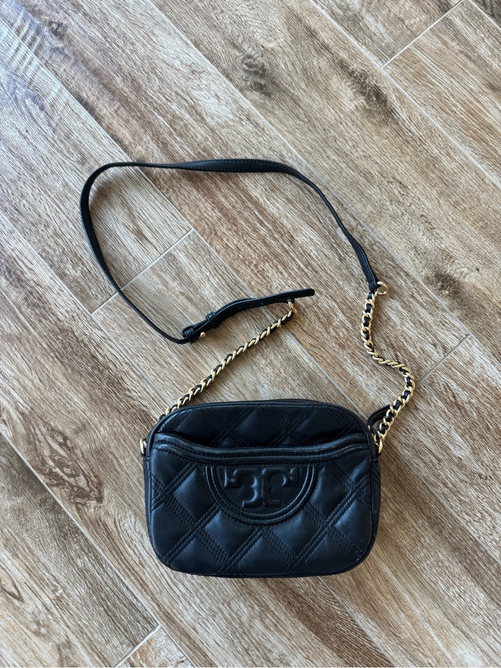 Tory Burch Black Quilted Crossbody with Gold Chain Fleming